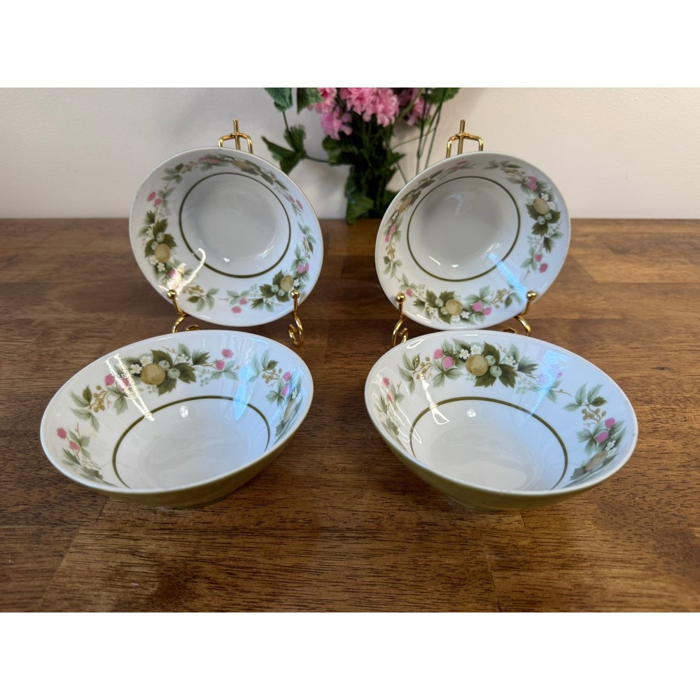 Vintage Mikasa Sumay Olive Green Pink Floral Dessert Fruit Bowls Set of 4 Japan